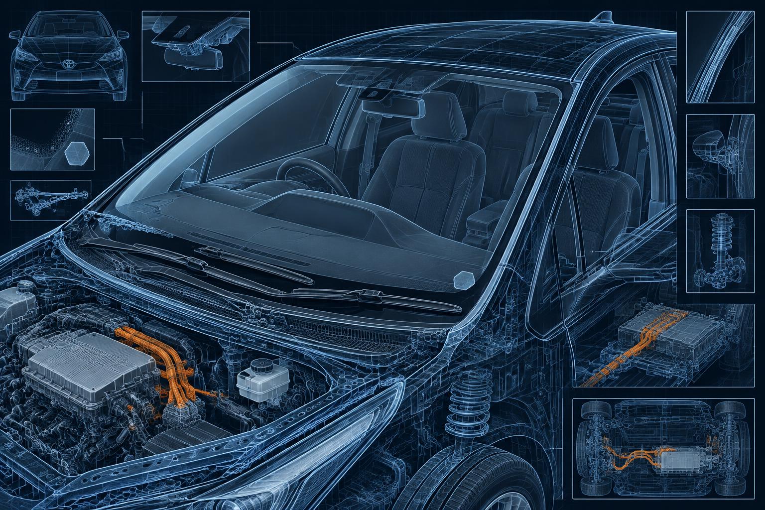 Detailed blueprint of a Prius windshield, wiper assembly and proposed passenger-corner decal position