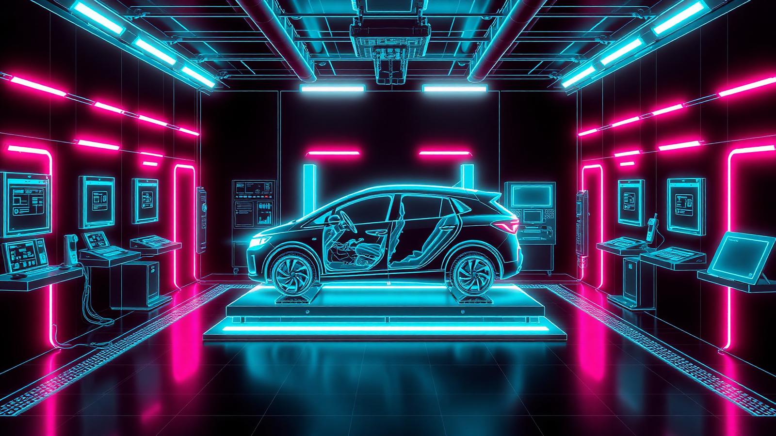 Neon wireframe rendering of a hybrid battery diagnostic bay with test equipment