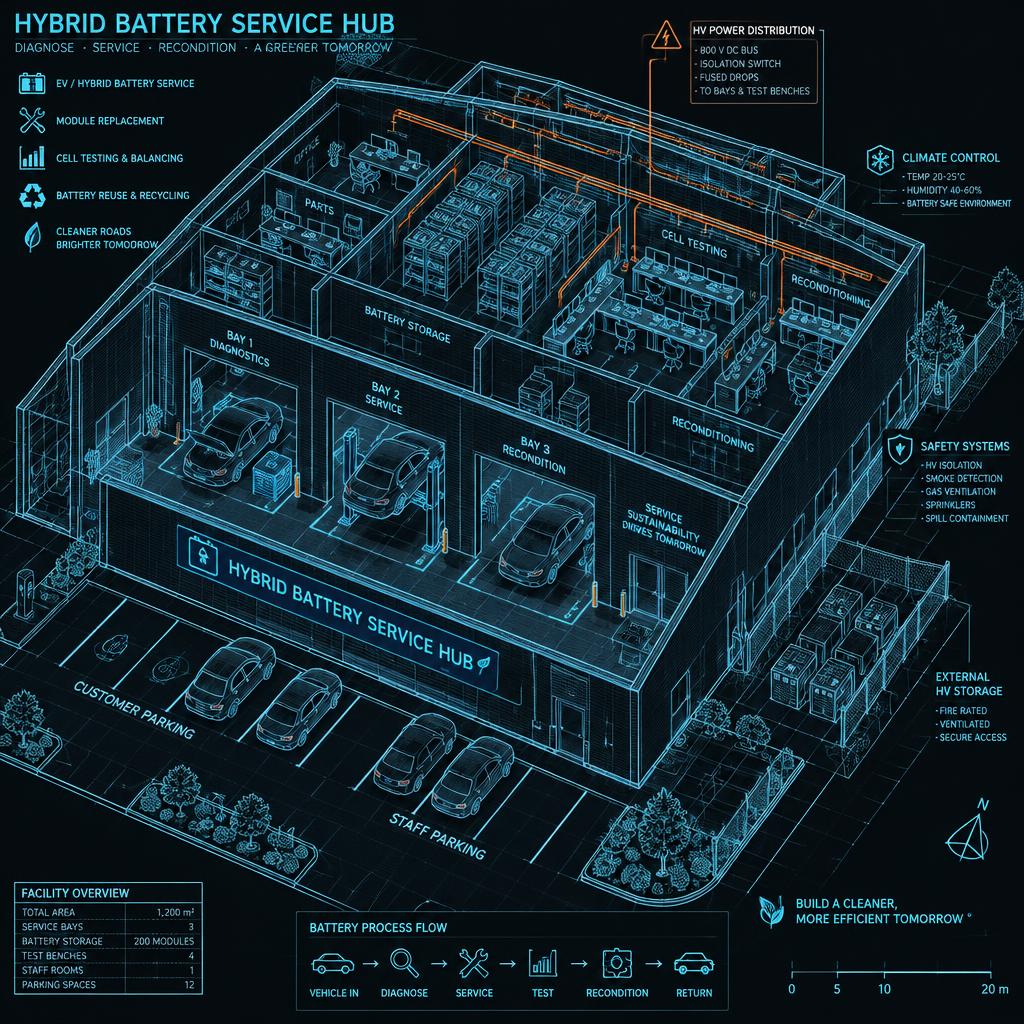 Blueprint illustration of a hybrid battery service bay