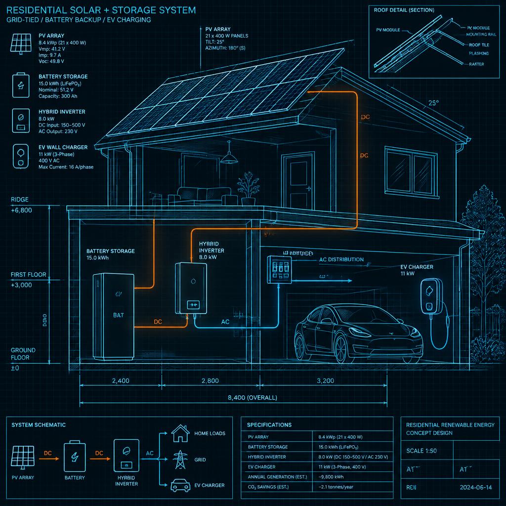 Network-themed technical schematic of rooftop solar, battery cabinets and inverter connections