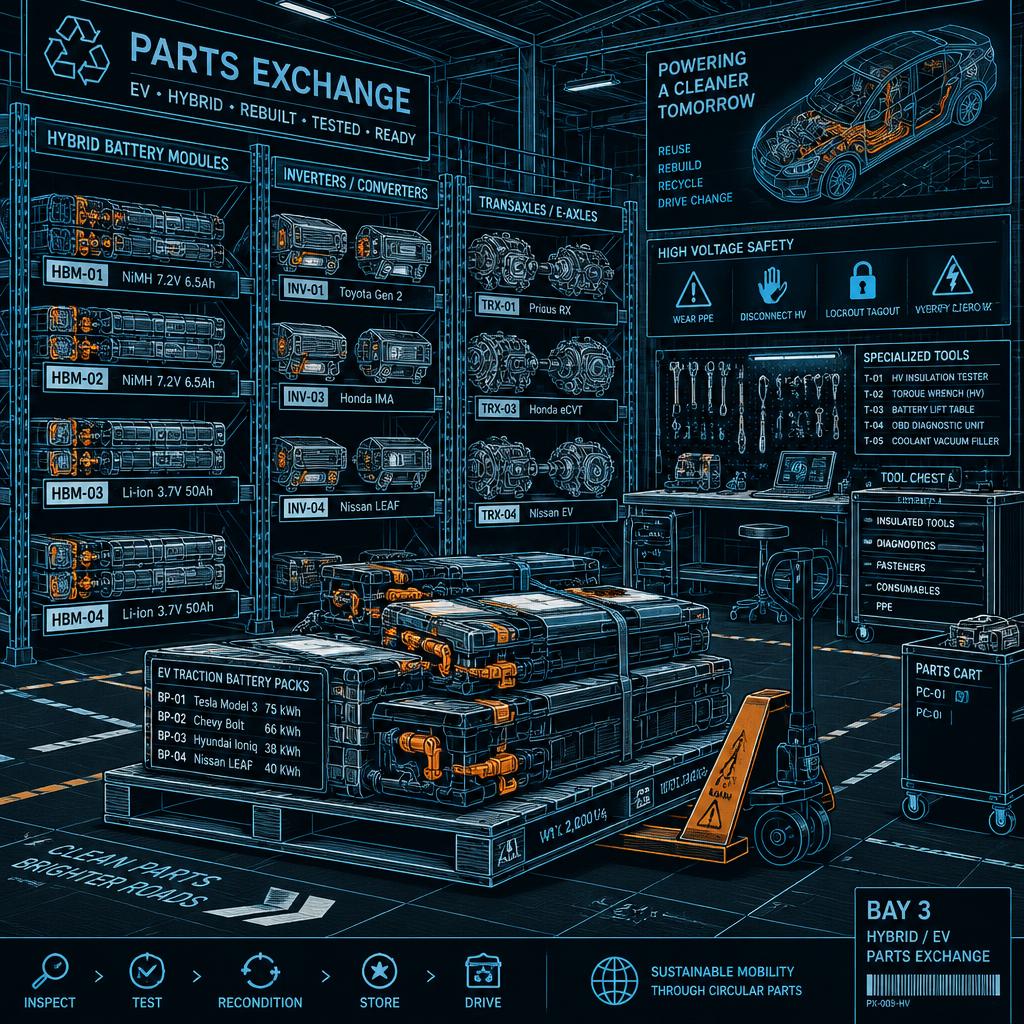 Neon wireframe rendering of a hybrid battery diagnostic bay with test equipment