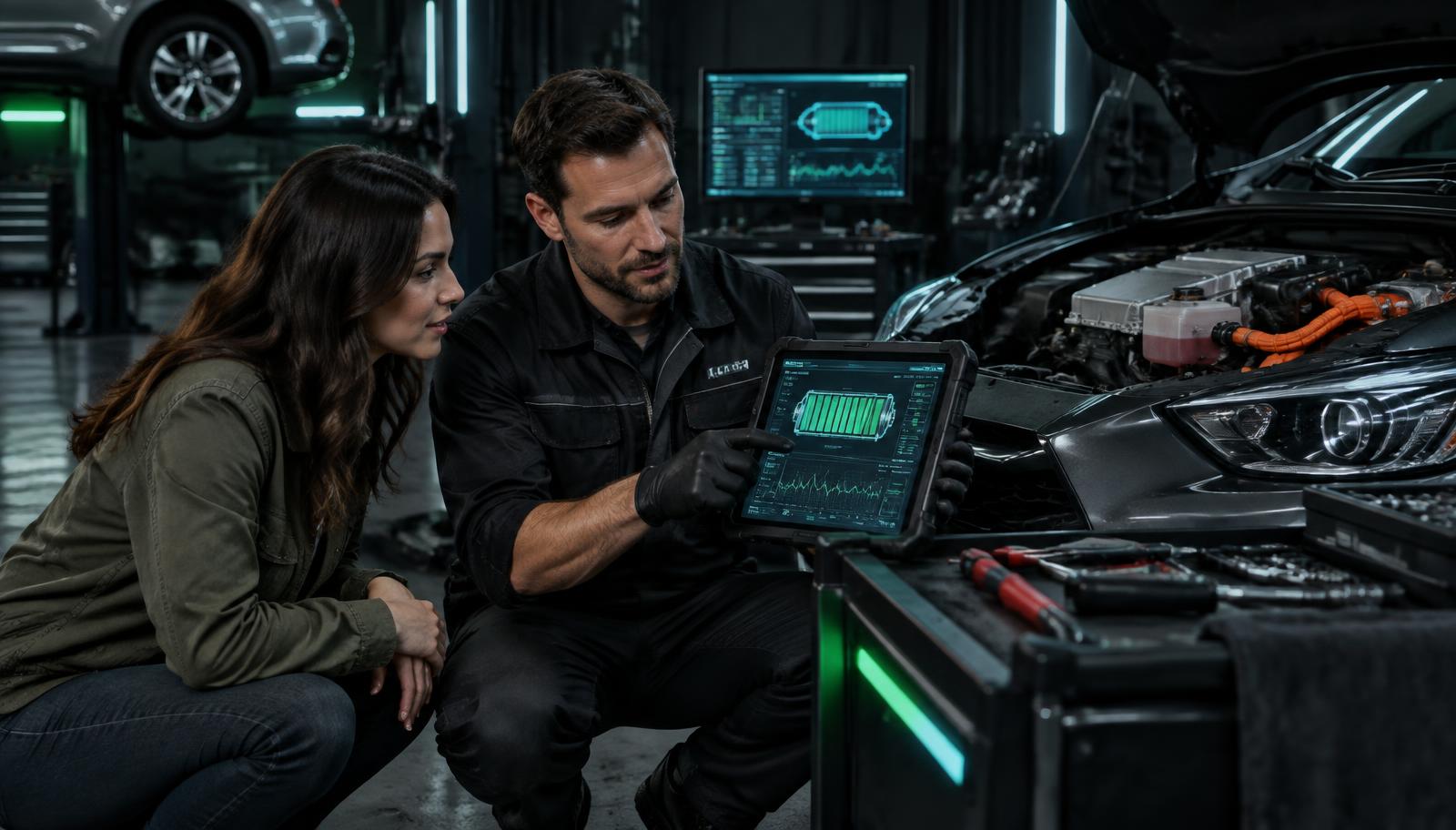 A hybrid technician reviewing battery diagnostics with a vehicle owner
