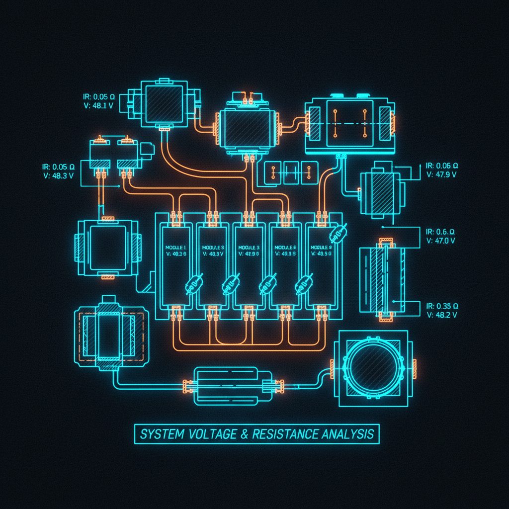 Detailed neon blueprint of vehicle signal acquisition hardware and battery connections