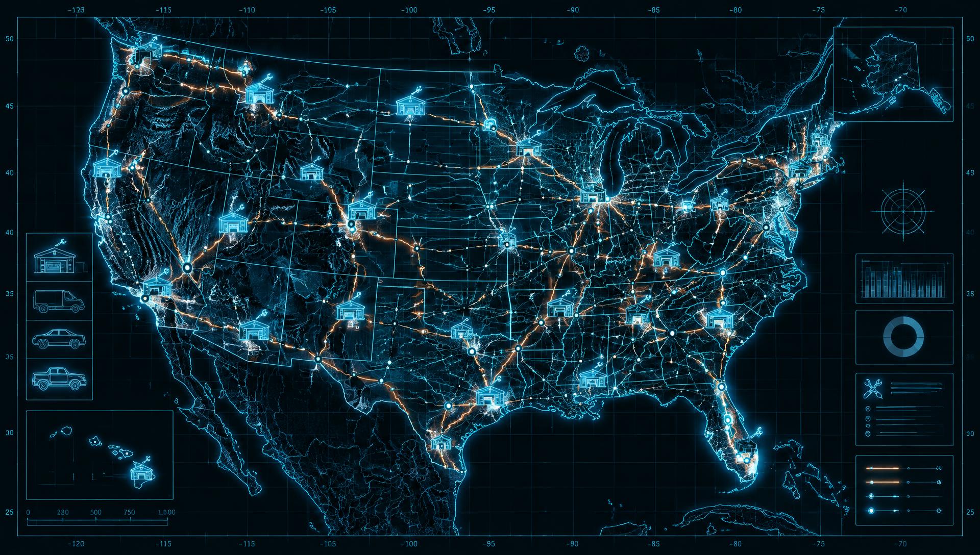 Neon isometric render of a certified hybrid EV shop network connected by glowing lines