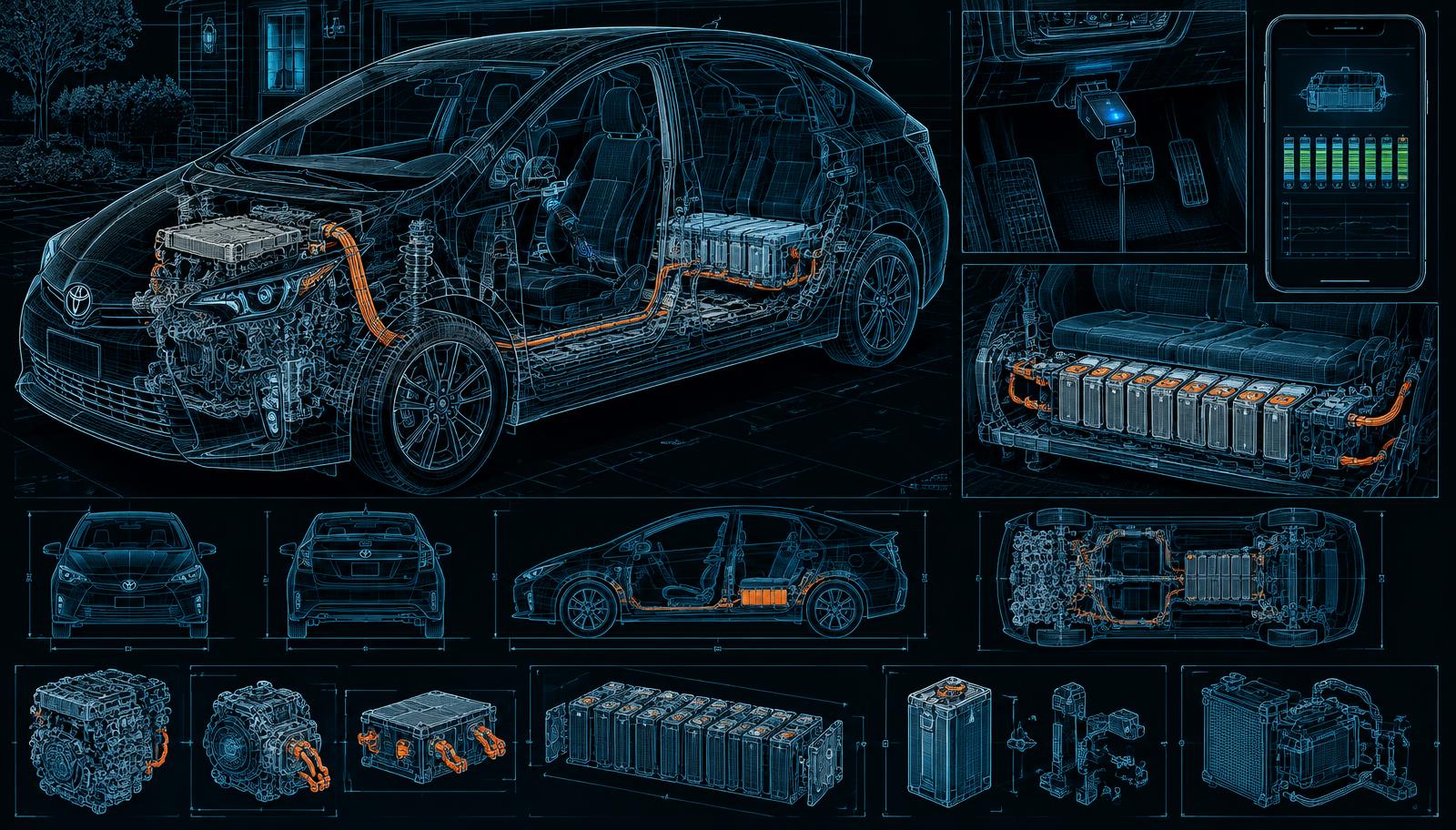 Blueprint of a hybrid owner's car with Pulse plugged in and battery health on a phone
