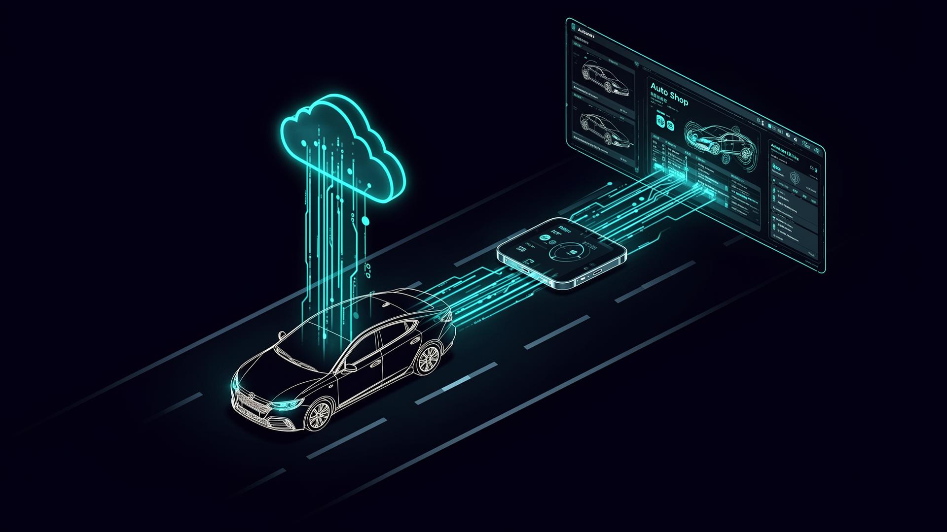 Diagram showing car telemetry streaming through phone to cloud to shop dashboard